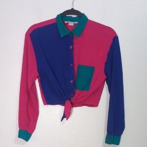 Vintage 90s Color Block Purple Pink Crop Tie Up Button Front Shirt Medium